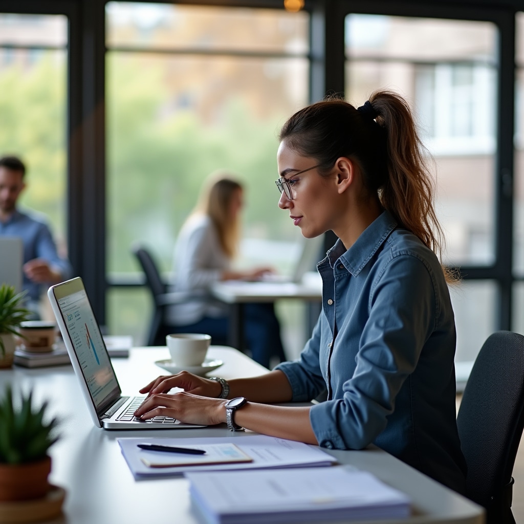 Amministratore condominiale al lavoro con laptop su scrivania moderna
