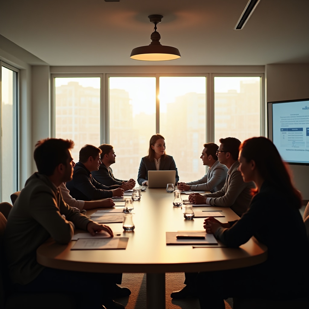 Riunione condominiale con residenti seduti attorno a tavolo