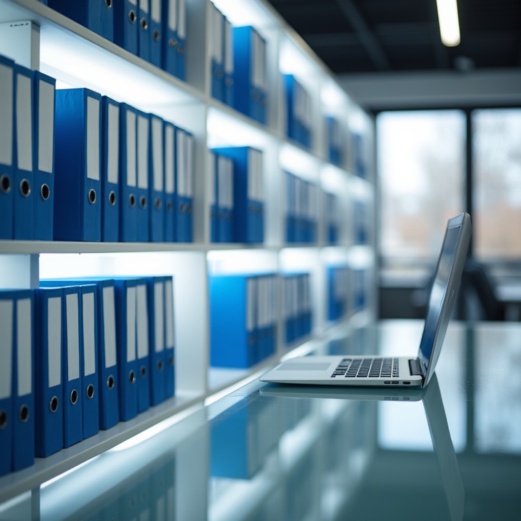 Archivio documenti condominiali ben organizzato su scaffali