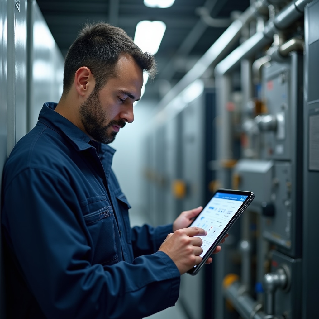 Tecnico manutentore che lavora su impianto condominiale